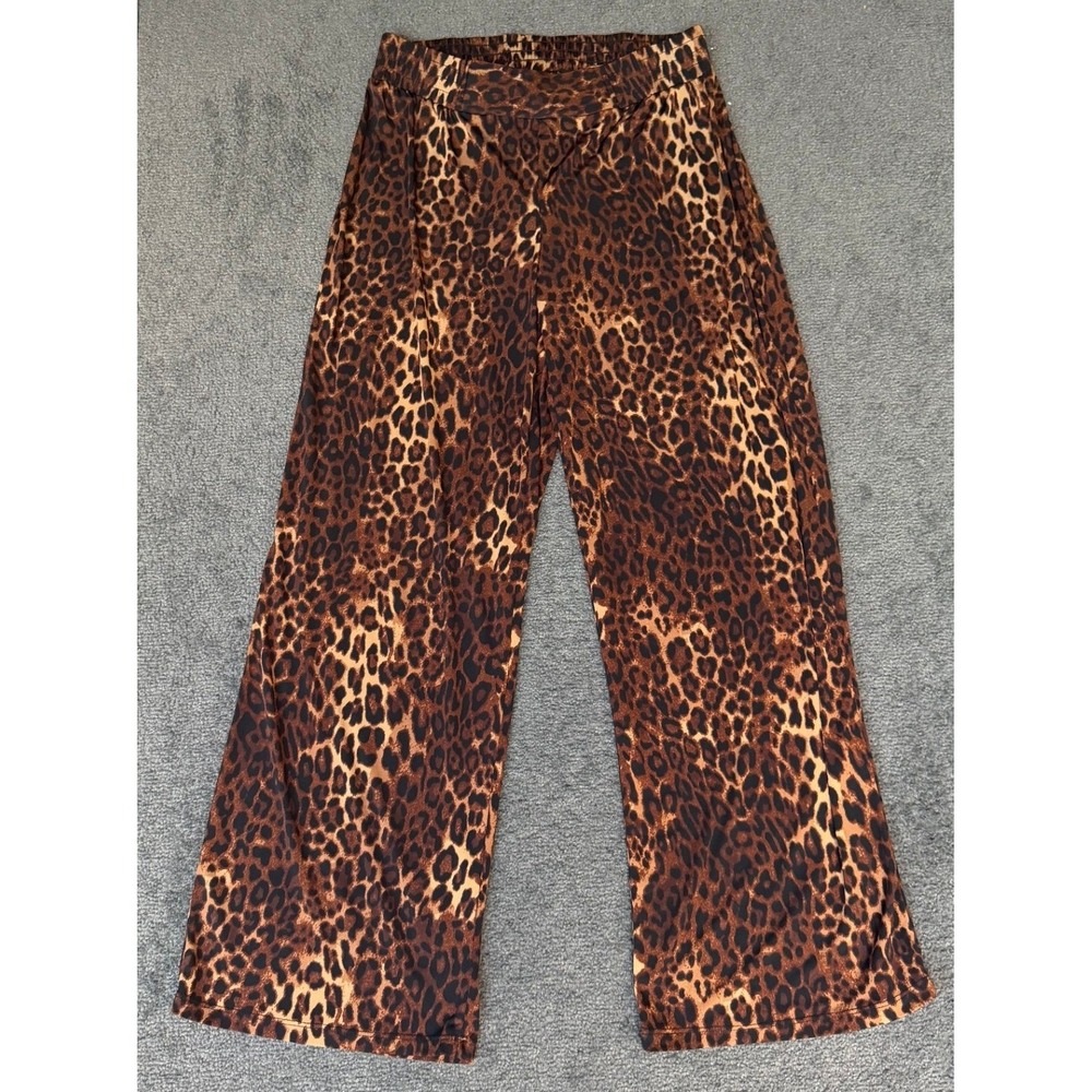 IMAN Leopard Print Wide‎ Leg Pants Womens Large Short Brown Animal Print Stretch